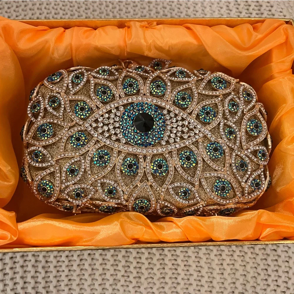 Embellished Gold Peacock Eye Clutch